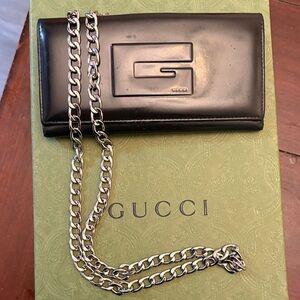 Gucci Black Leather Mini Wallet Crossbody with Silver Chain